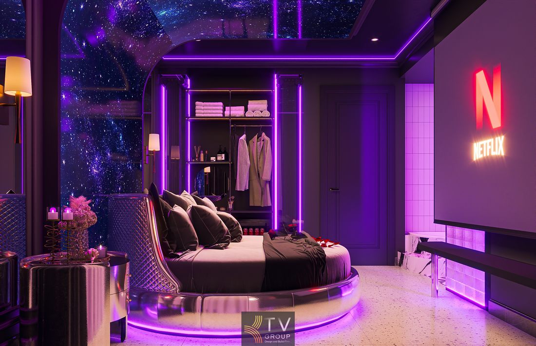 Không gian phòng khách sạn được thiết kế thi công trần sao 3D kết hợp ánh sáng LED nghệ thuật, mang lại trải nghiệm thị giác ấn tượng và hiện đại. 