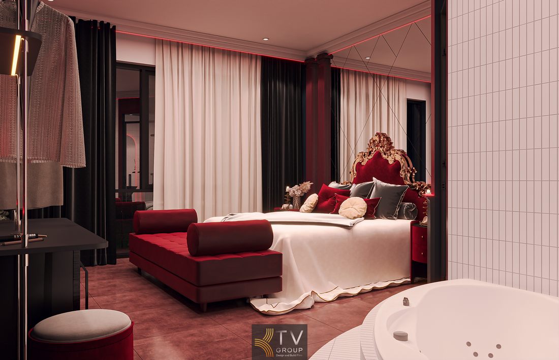 Phòng khách sạn romantic thiết kế thi công tông đỏ, giường nhung cao cấp, ánh sáng ấm tạo không gian nghỉ dưỡng sang trọng