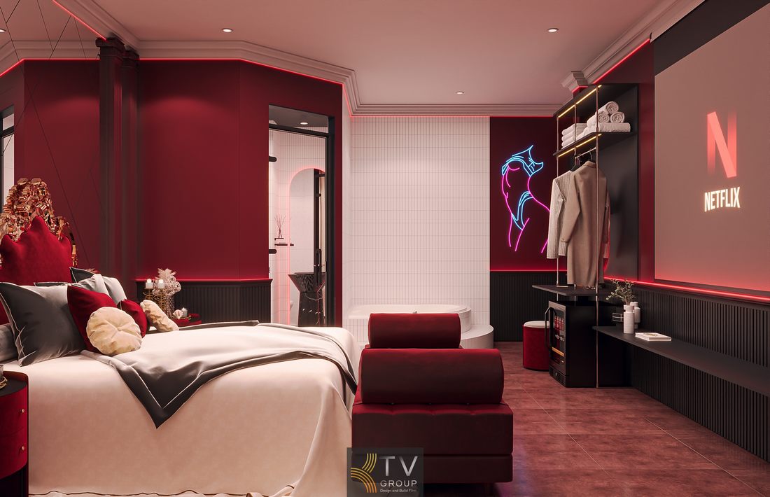 Nội thất phòng khách sạn thiết kế thi công phong cách luxury, màu đỏ kem kết hợp ánh sáng gián tiếp tinh tế