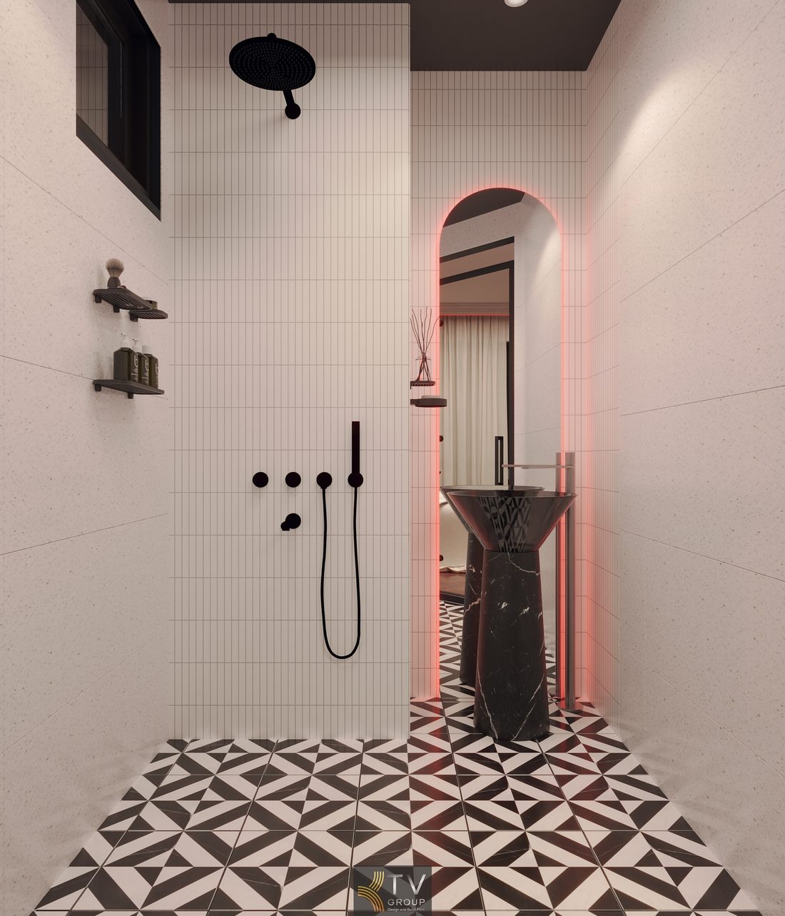 Thiết kế thi công phòng tắm khách sạn phong cách romantic tối giản, ánh sáng LED viền tạo điểm nhấn, giúp nâng trải nghiệm và tăng giá trị khai thác phòng