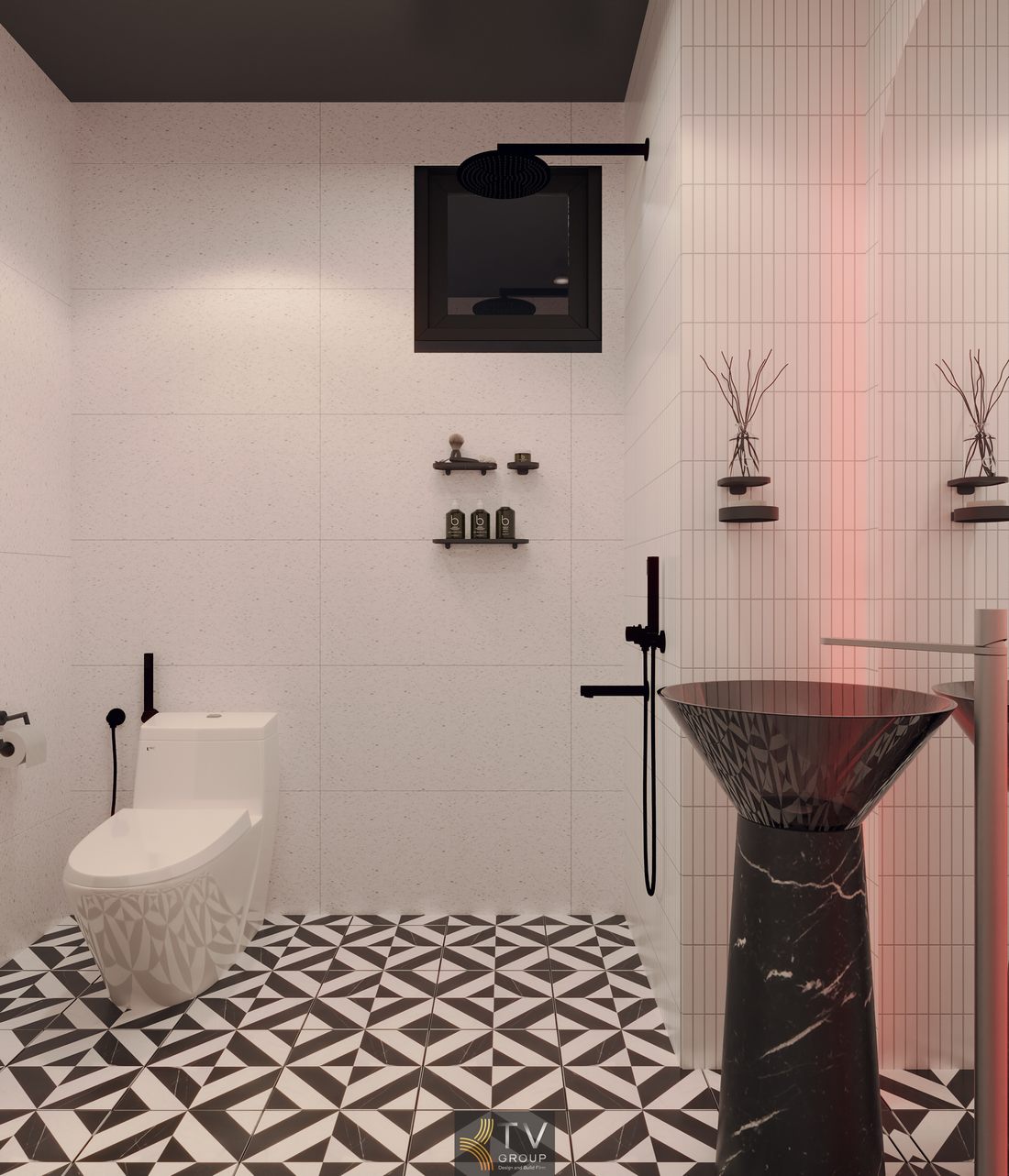 Thiết kế thi công phòng tắm khách sạn tông trắng đen, bố cục gọn gàng tối ưu diện tích, dễ vận hành và tiết kiệm chi phí lâu dài