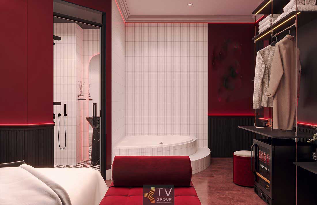 Thiết kế thi công phòng tắm khách sạn cao cấp, ánh sáng hắt tinh tế giúp không gian nổi bật và dễ dàng tạo ấn tượng hình ảnh