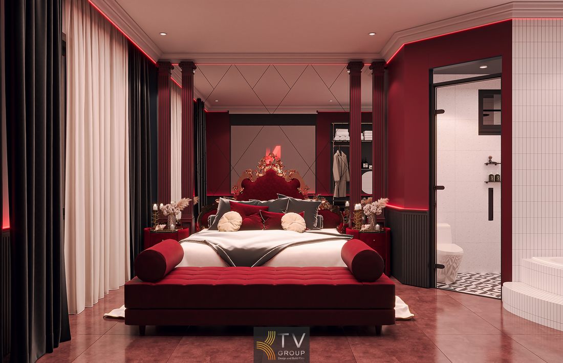 Thiết kế thi công phòng nghỉ tông đỏ kem hiện đại, không gian ấm áp giúp khách hàng dễ lựa chọn và tăng khả năng quay lại