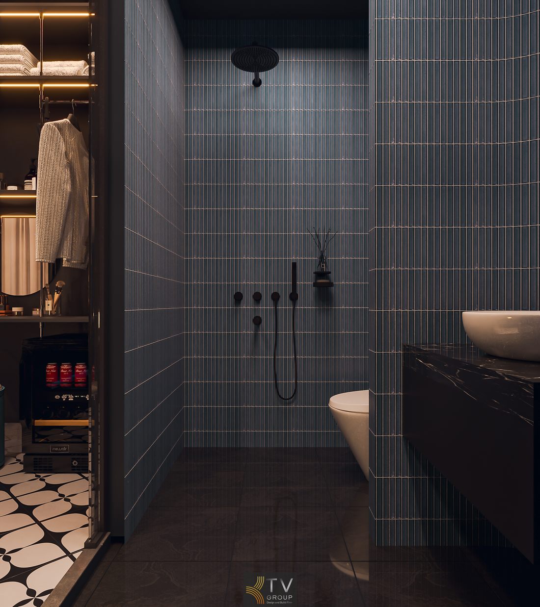 Thiết kế thi công phòng tắm phong cách boutique, gạch họa tiết và lavabo sang trọng giúp không gian nhỏ vẫn nổi bật 