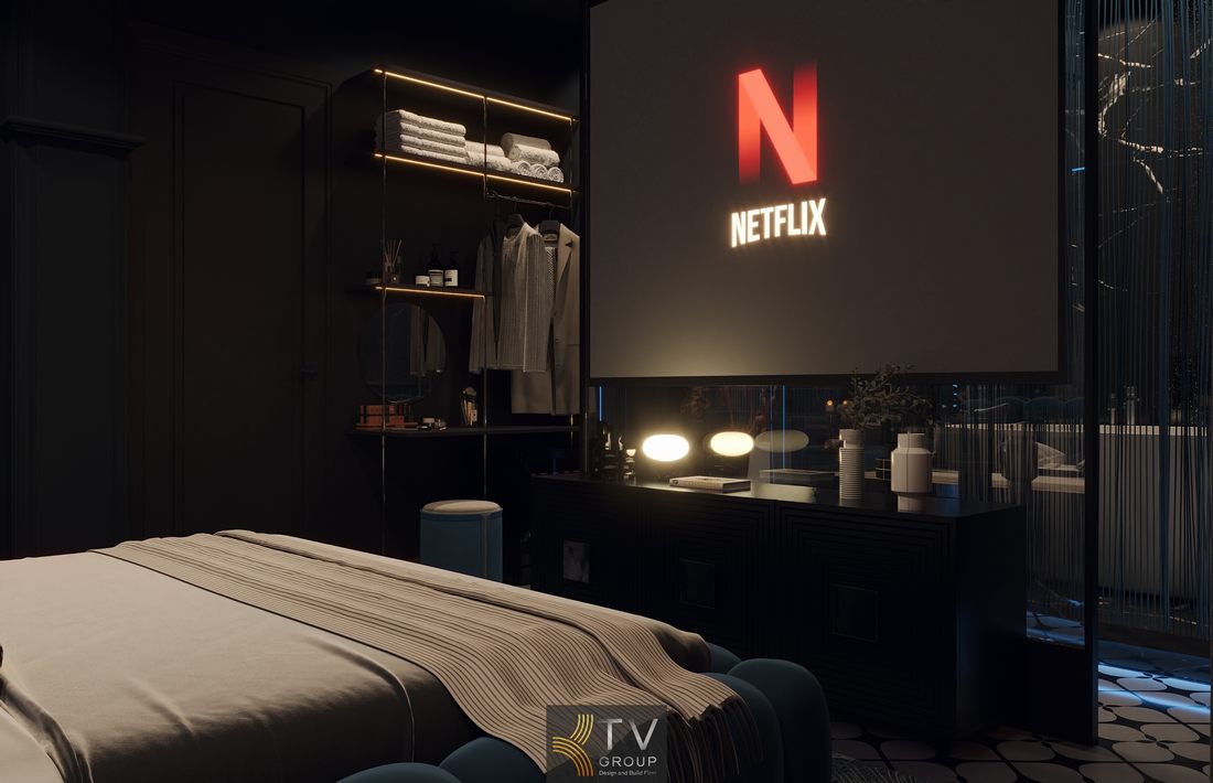 Phòng khách sạn thiết kế thi công phong cách galaxy, giường nhung xanh và ánh sáng LED tạo không gian sang trọngV 