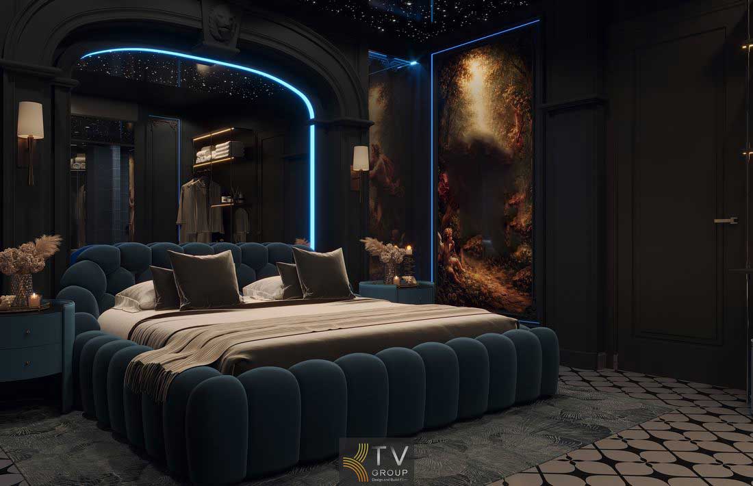 Nội thất phòng khách sạn cao cấp thi công hoàn thiện, trần sao và ánh sáng xanh huyền ảo nổi bật 