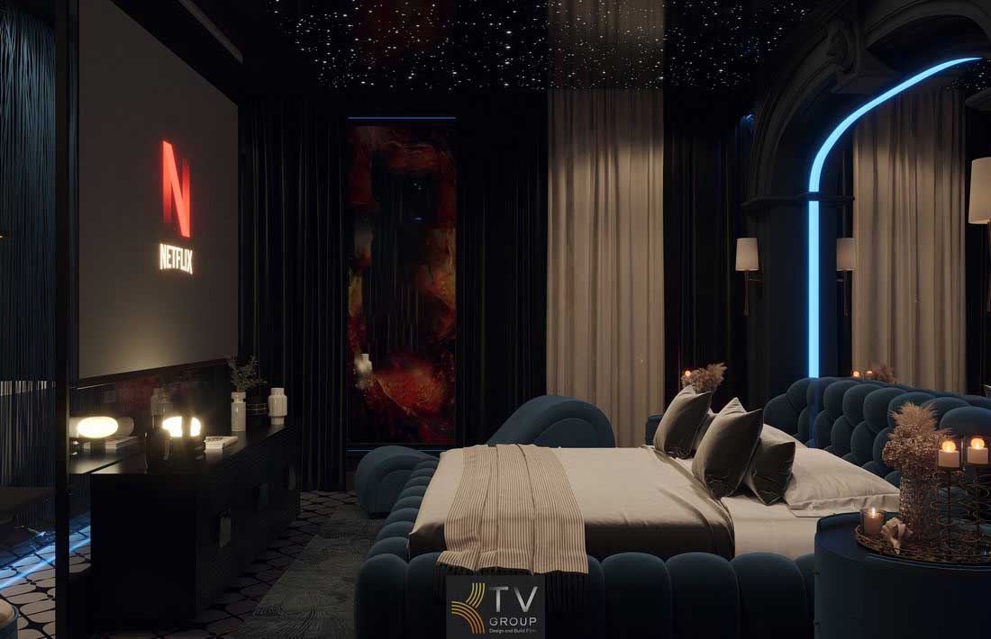 Thiết kế thi công phòng khách sạn luxury, giường lớn trung tâm và ánh sáng gián tiếp tạo cảm giác thư giãn 