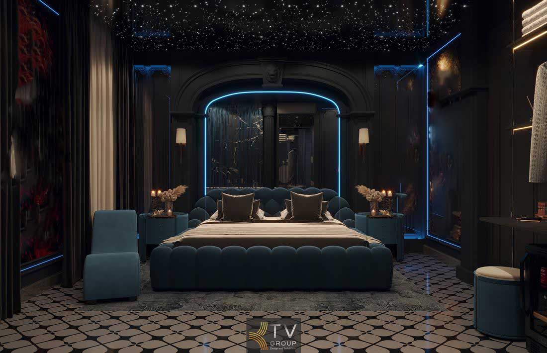 Thiết kế thi công phòng khách sạn hiện đại, tone xanh đậm và nội thất cao cấp sang trọng 