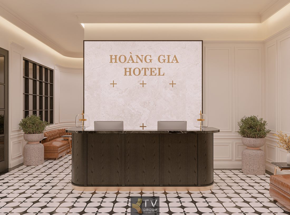 Thi công khu vực lễ tân khách sạn với bố cục gọn gàng, sàn gạch họa tiết nổi bật kết hợp ánh sáng hắt trần tạo chiều sâu không gian và mang lại cảm giác rộng rãi, thoải mái