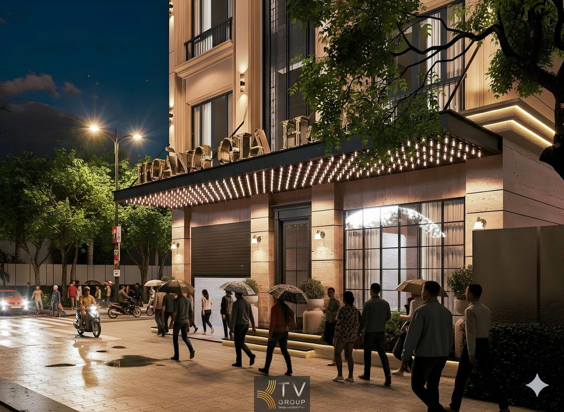 Thiết kế khách sạn sang trọng với kiến trúc cổ điển Khách sạn phong cách romantic với facade ánh sáng đẹp