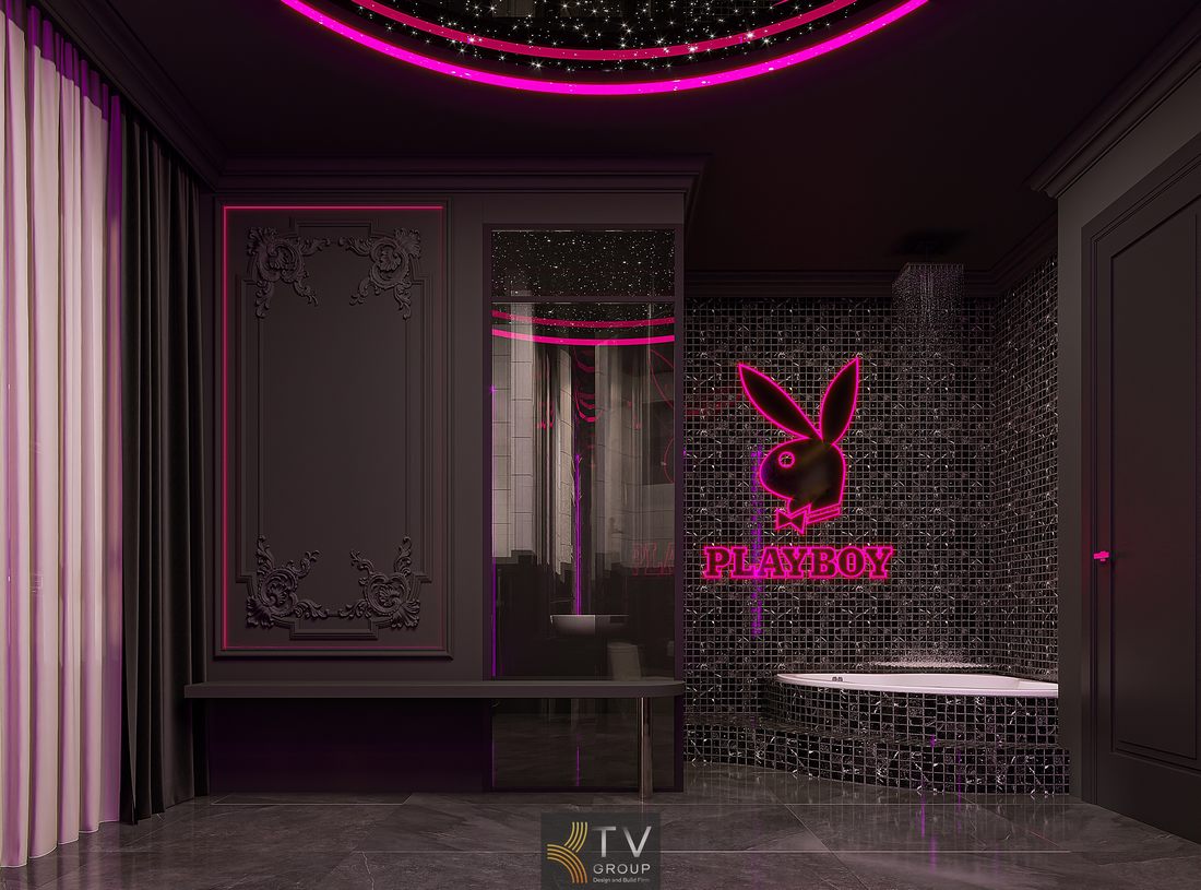 Thiết kế phòng khách sạn hiện đại với ánh sáng hồng tím nổi bật