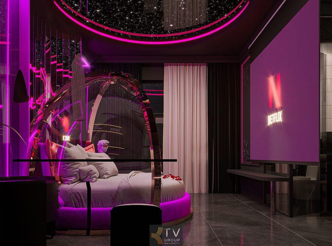 Nội thất khách sạn concept ánh sáng với giường tròn độc đáo