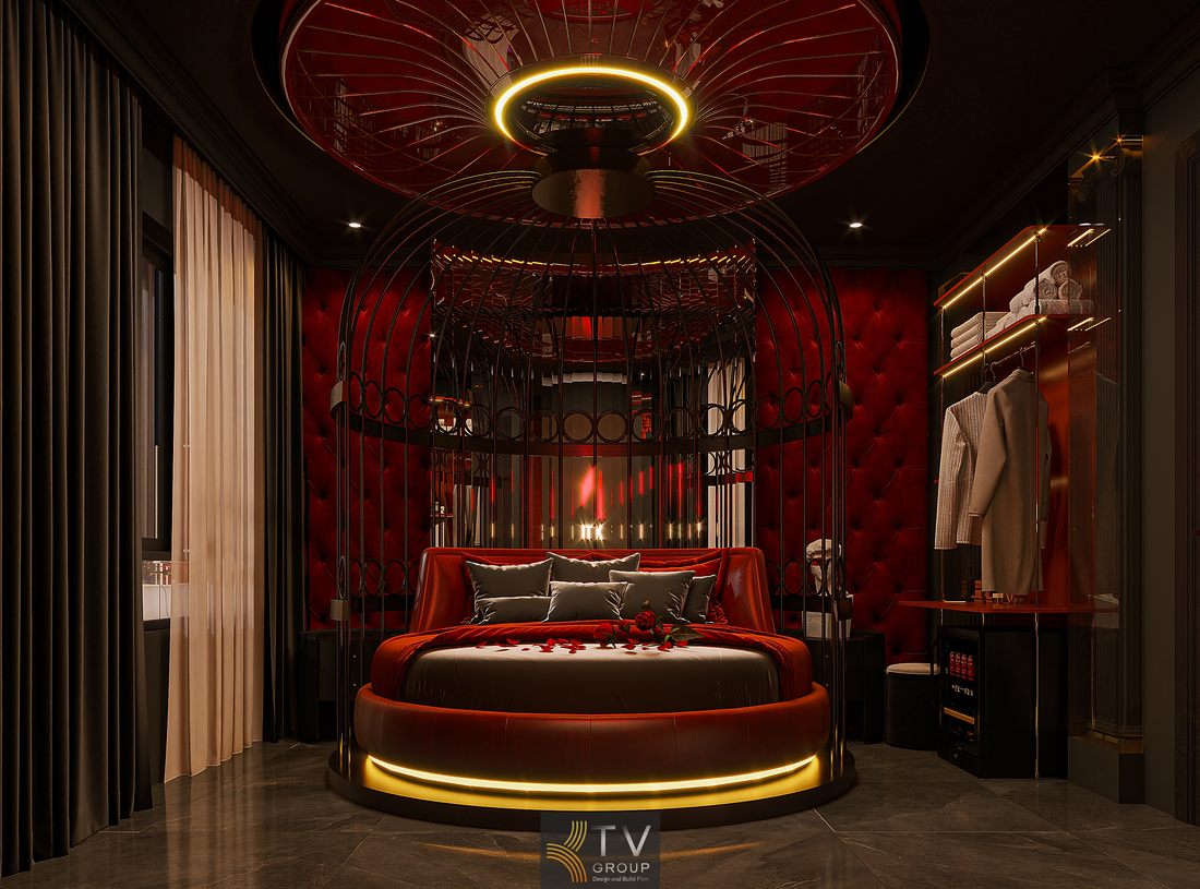 Phòng khách sạn luxury với giường tròn và ánh sáng trần 