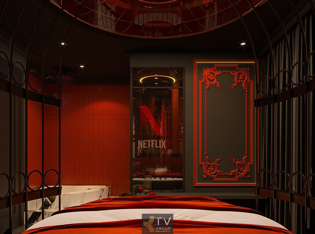 Thiết kế khách sạn đỏ đen với nội thất cao cấp 