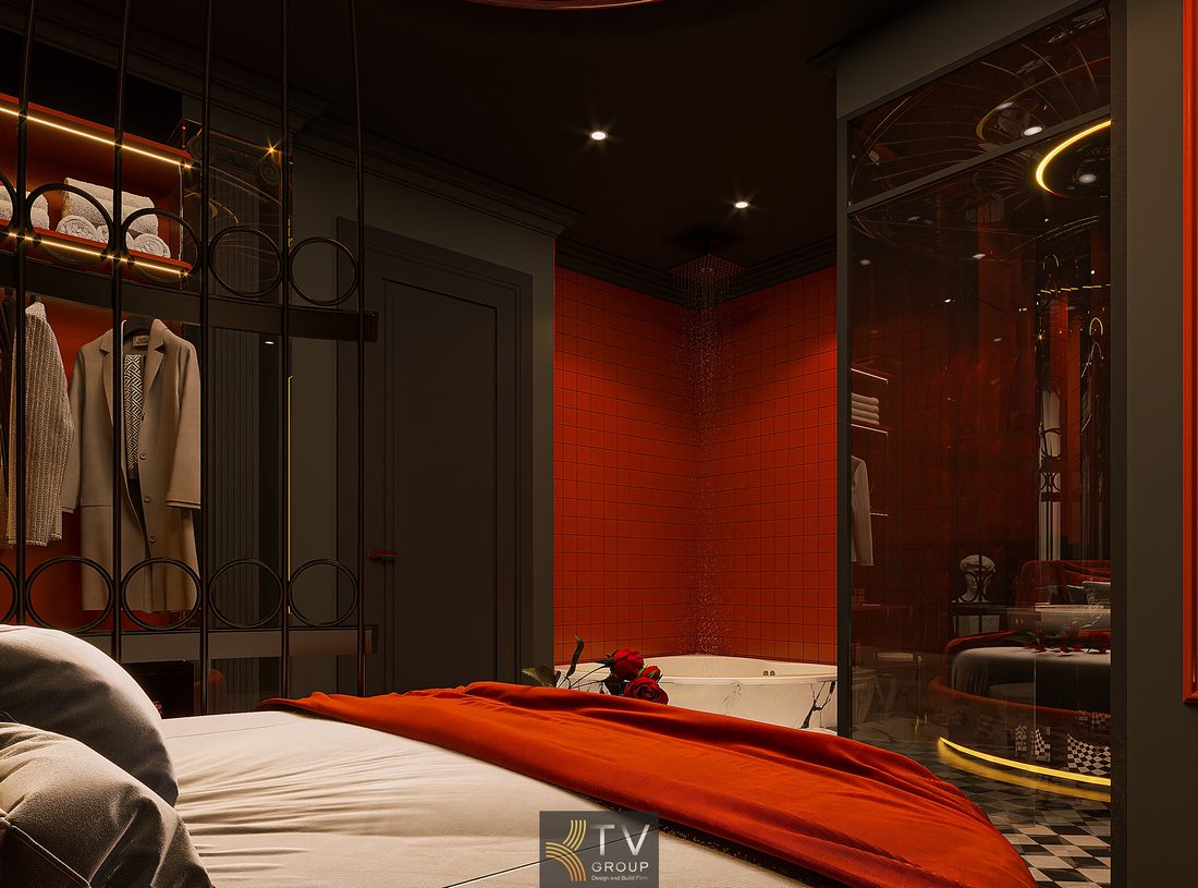 Phòng khách sạn đẹp với ánh sáng vòng và giường trung tâm 