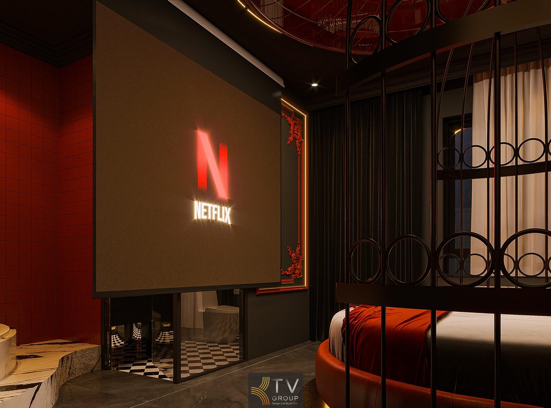 Thi công phòng khách sạn với vật liệu kim loại và da Không gian khách sạn cao cấp với thiết kế độc đáo 