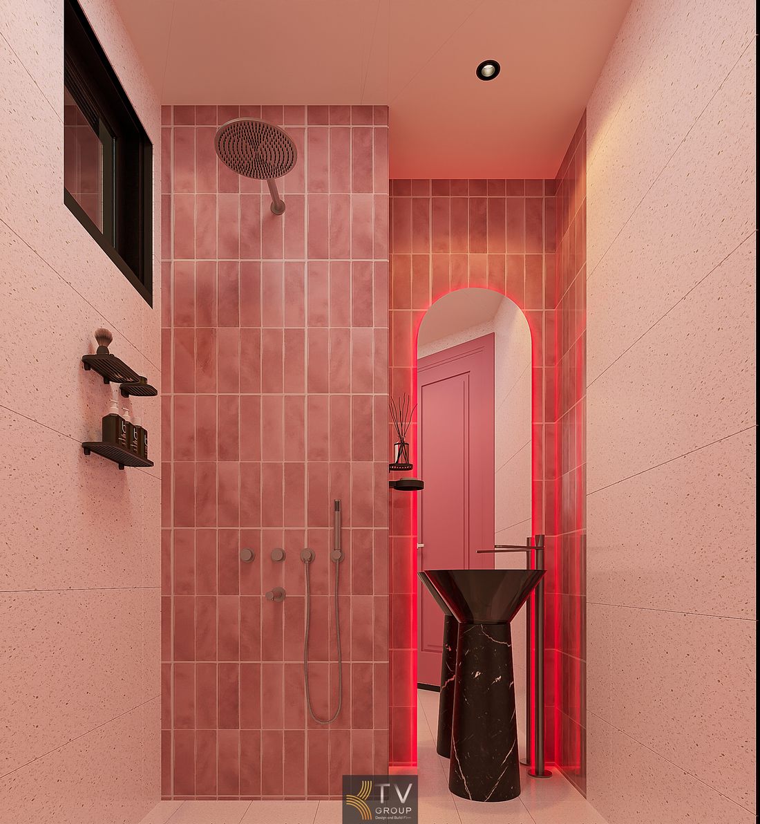 Thi công phòng khách sạn với bồn tắm và khu tắm đứng ốp gạch cao cấp, ánh sáng ấm tạo không gian thư giãn riêng tư