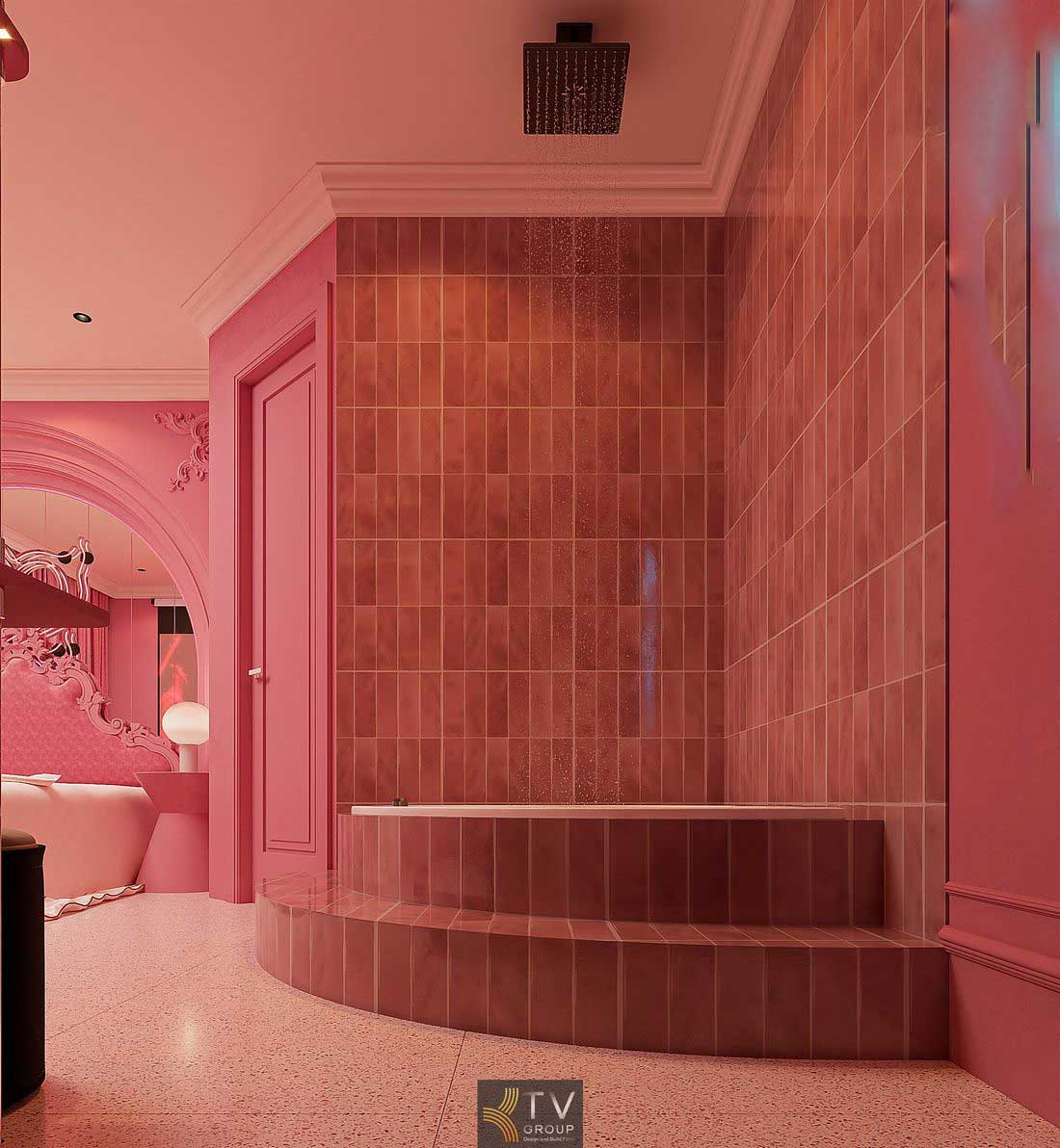 Thiết kế phòng khách sạn romantic với khu tắm hiện đại, gạch ốp đồng bộ tông hồng và ánh sáng gián tiếp cao cấp