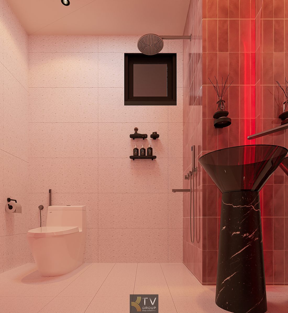 Không gian phòng khách sạn với khu tắm đứng và bồn tắm thiết kế liền mạch, vật liệu cao cấp và ánh sáng thư giãn