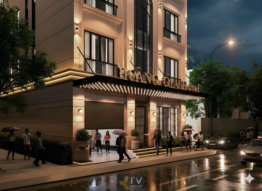 Khách sạn boutique với mặt tiền ấn tượng Công trình khách sạn với kiến trúc đối xứng