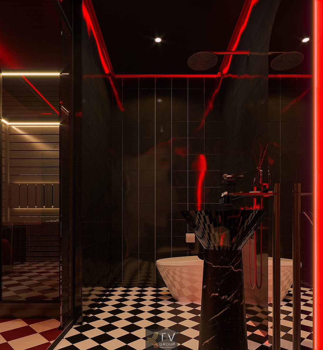 Thi công phòng khách sạn với bồn tắm trung tâm, khu tắm kính hiện đại và hệ LED đỏ chạy viền tạo không gian ấn tượng
