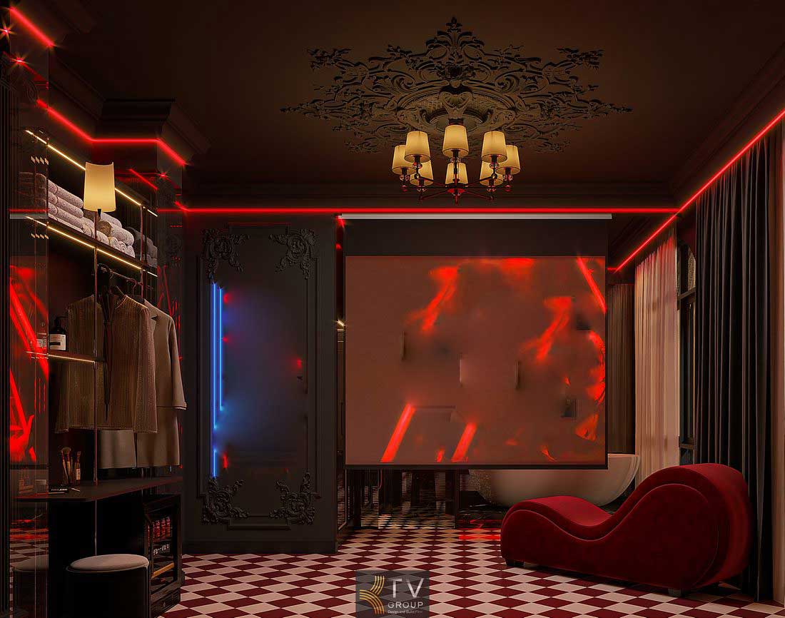 Thi công phòng khách sạn với giường cong trung tâm, ánh sáng LED đỏ chạy viền và nội thất cao cấp tạo không gian sang trọng thu hút khách