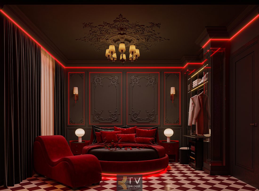 Thi công phòng khách sạn với tông màu đỏ đen kết hợp ánh sáng LED và bố cục hiện đại giúp không gian trở nên cuốn hút