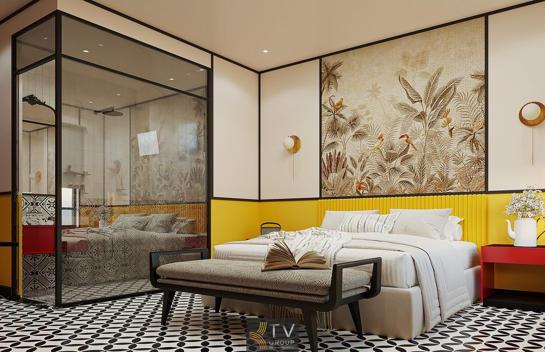 Phòng khách sạn với tranh tường tropical 