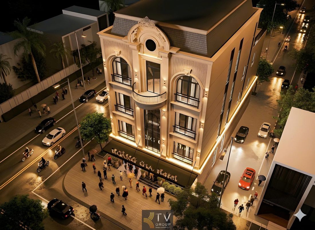 Mặt tiền khách sạn với chi tiết trang trí tinh tế