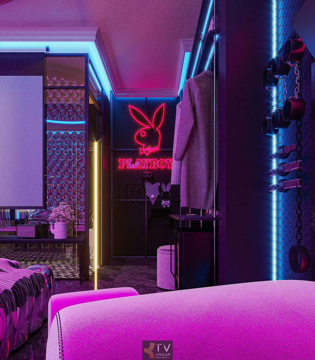 Phòng khách sạn thiết kế ánh sáng LED tím xanh hiện đại 