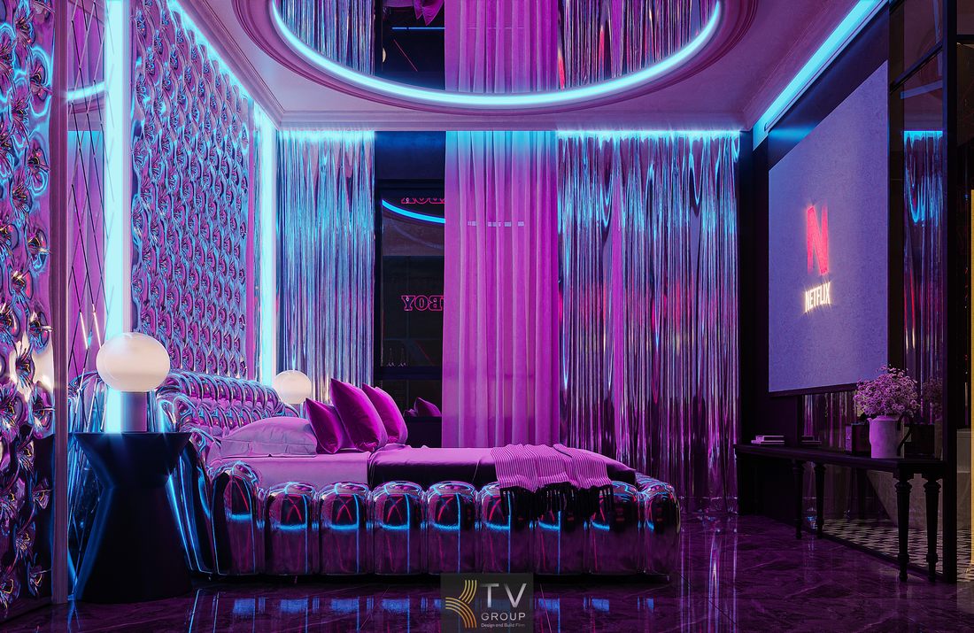 Thi công phòng khách sạn hiện đại với vật liệu phản chiếu 