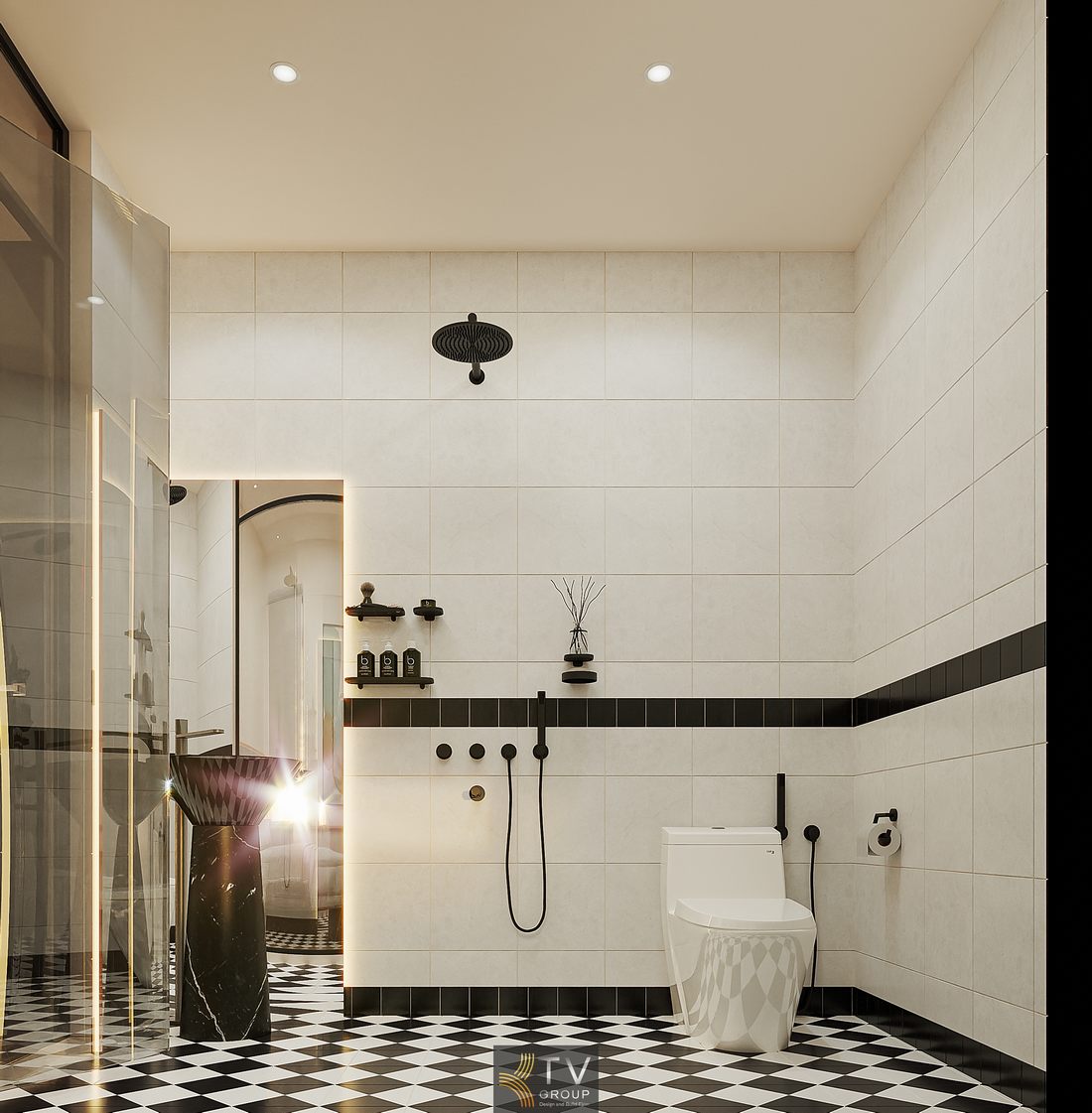 Nội thất phòng khách sạn với kệ gỗ và bố cục gọn gàng