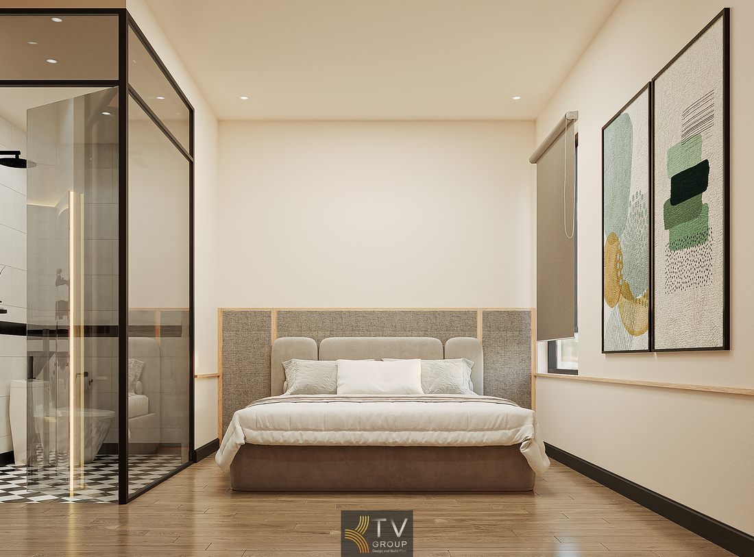 Phòng khách sạn với phòng tắm kính và lavabo nghệ thuật hiện đại