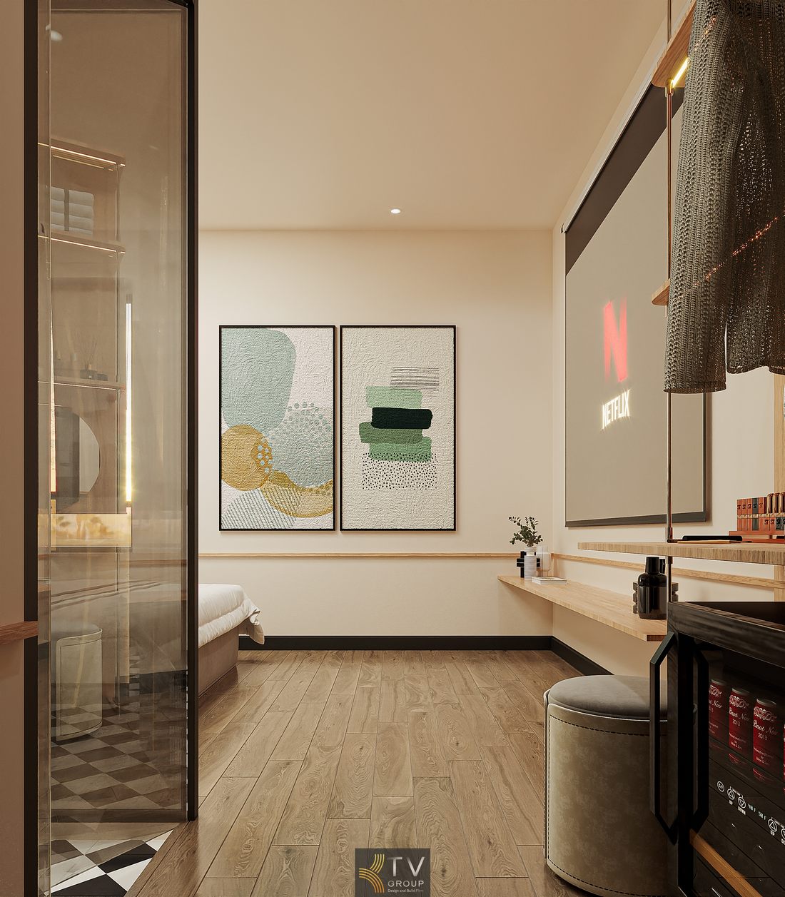 Thi công phòng khách sạn với nội thất tối giản và ánh sáng tinh tế