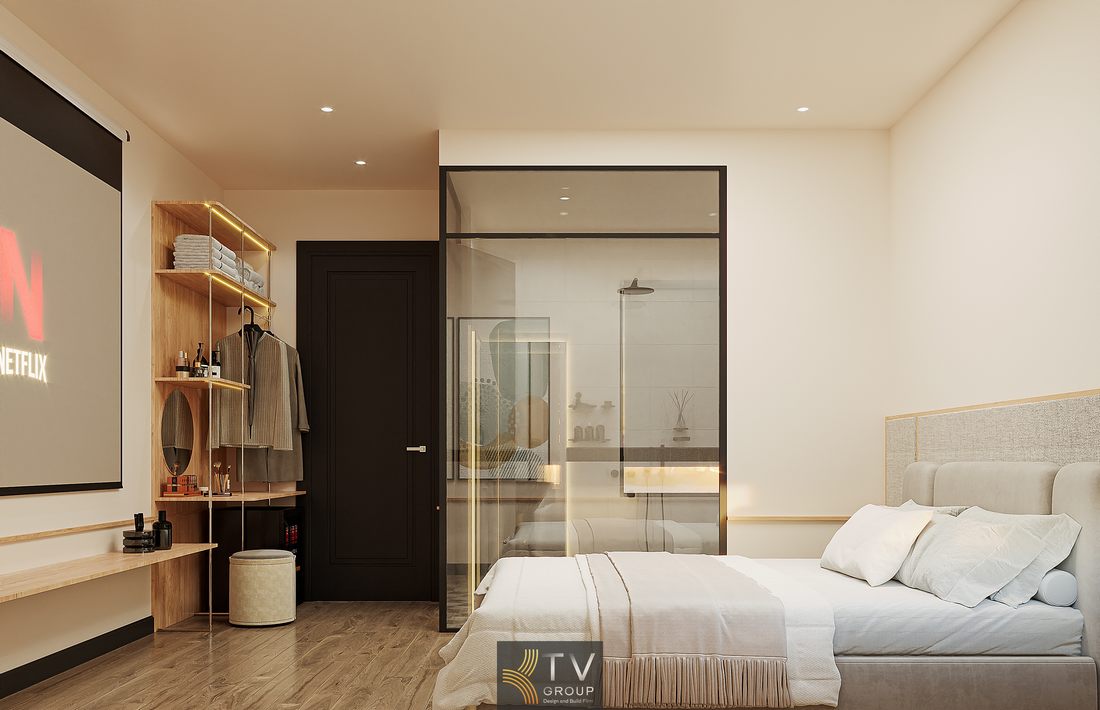 Thiết kế phòng tắm khách sạn với gạch caro và thiết bị cao cấp