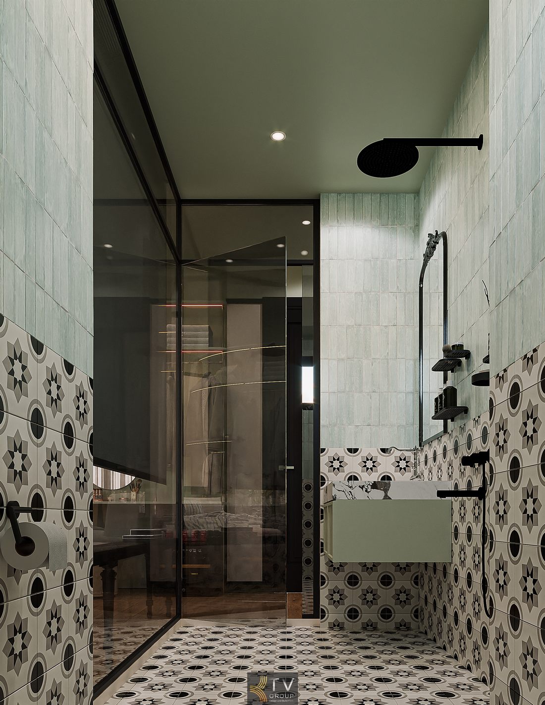 Phòng tắm khách sạn với gạch họa tiết và thiết bị cao cấp