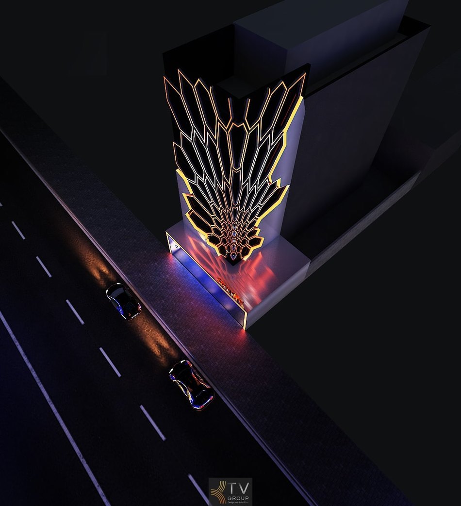 Thiết kế mặt tiền karaoke KTV hiện đại với hệ facade kim loại kết hợp ánh sáng LED nghệ thuật tạo hình độc đáo, giúp công trình nổi bật vào ban đêm. Concept ngoại thất ấn tượng tăng nhận diện thương hiệu và thu hút khách cho mô hình karaoke kinh doanh. 