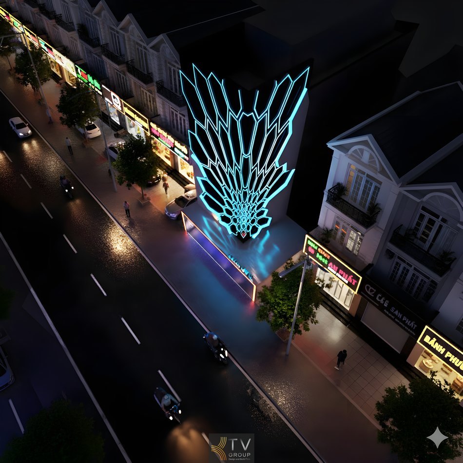 Mặt tiền karaoke được thiết kế theo phong cách hiện đại với hệ cấu trúc ánh sáng nghệ thuật trải dài theo chiều cao công trình 