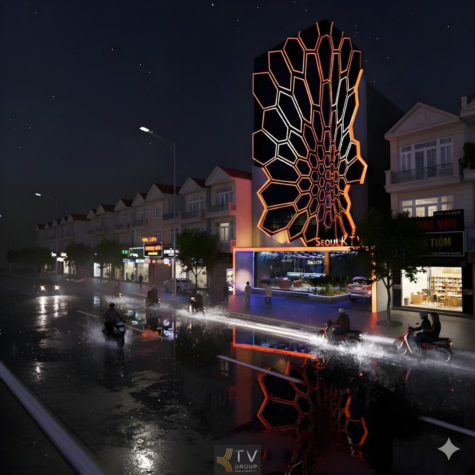 Concept facade ấn tượng không chỉ tăng nhận diện thương hiệu mà còn tạo hiệu ứng thị giác mạnh, thu hút khách bước vào không gian giải trí bên trong. 