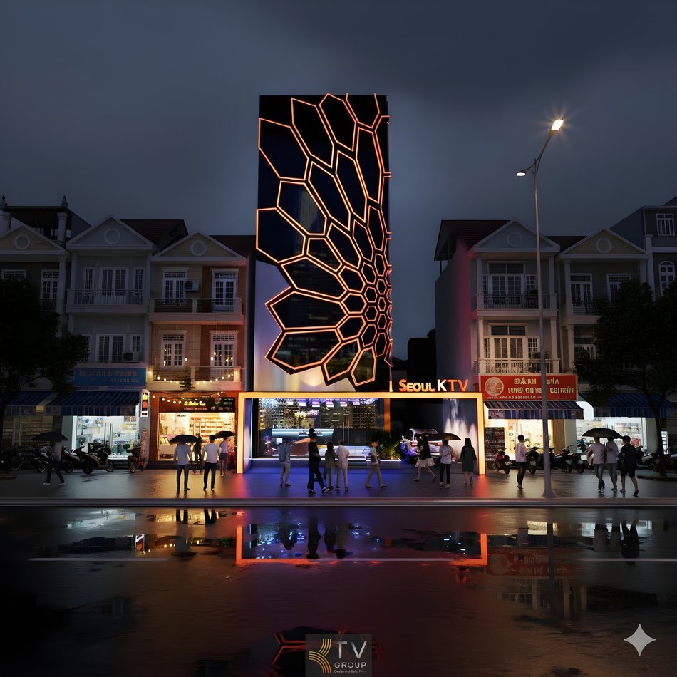 Thiết kế karaoke KTV với mặt tiền ánh sáng LED hiện đại, giúp công trình nổi bật vào ban đêm và tạo ấn tượng mạnh cho khách hàng. 