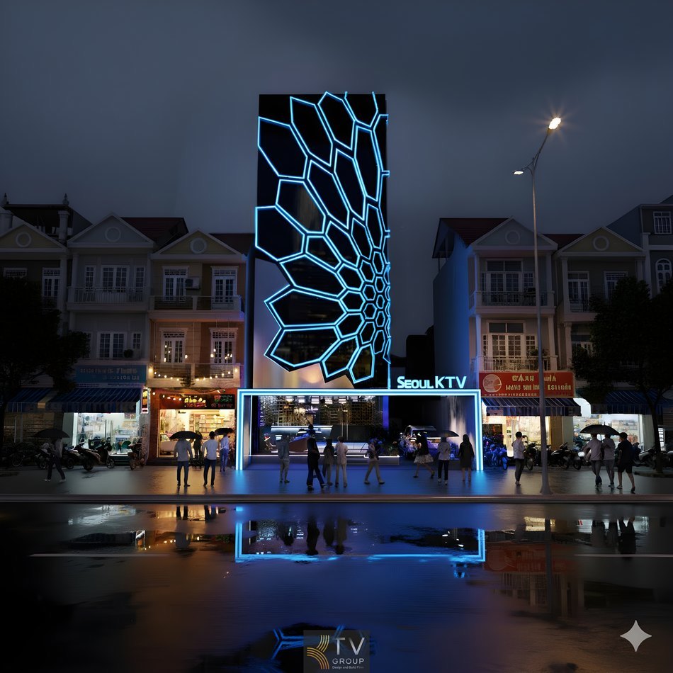 Công trình karaoke KTV thiết kế kiến trúc cao tầng với hệ LED trang trí mặt tiền, tạo hiệu ứng ánh sáng nghệ thuật và thu hút khách. 