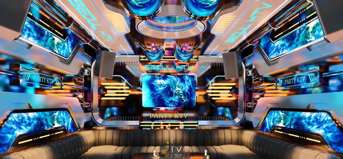 Thiết kế phòng karaoke KTV tại Tây Ninh phong cách công nghệ cao với trần LED, màn hình giải trí lớn và nội thất sofa dài, tạo không gian âm nhạc hiện đại. 