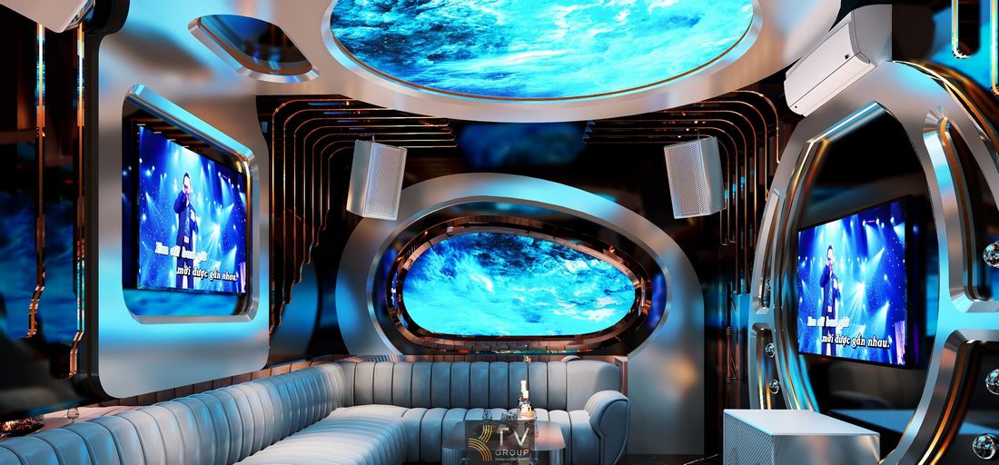 Thiết kế phòng karaoke KTV tại Tây Ninh với màn hình trung tâm, hệ ánh sáng trang trí trần và nội thất sofa da, tạo không gian giải trí hiện đại. 