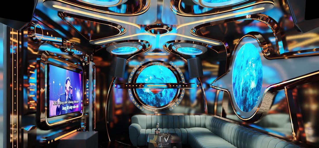 Thiết kế phòng karaoke KTV tại Tây Ninh với trần trang trí hiện đại, màn hình karaoke lớn và nội thất sofa bọc da tạo không gian giải trí sang trọng. 