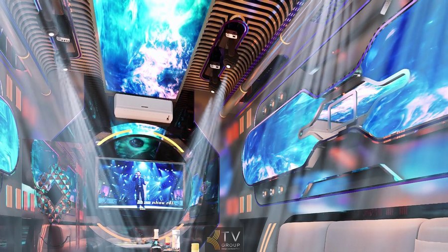Mẫu thiết kế thi công karaoke Futuristic tại Đà Lạt nổi bật với hệ LED đa màu, không gian giả lập tương lai, nội thất tối giản cao cấp, nâng tầm trải nghiệm khách hàng. 