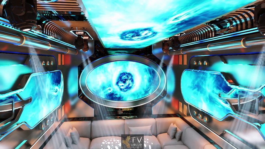 Phòng karaoke Futuristic tại Đà Lạt thiết kế theo concept vũ trụ, tích hợp LED theo nhạc, bố trí nội thất hợp lý, mang đến trải nghiệm giải trí khác biệt và hiện đại. 