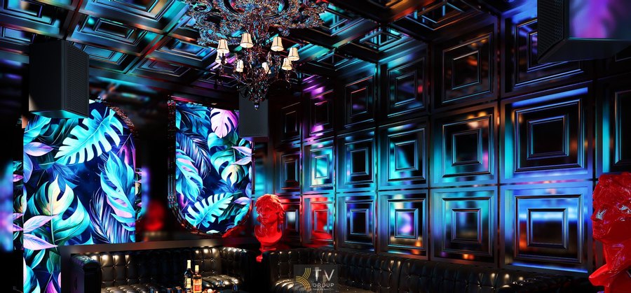 Không gian karaoke KTV tại Bảo Lộc thiết kế phong cách Tropical sang trọng, kết hợp tường 3D, tượng decor nghệ thuật và hệ ánh sáng hiện đại, phù hợp mô hình kinh doanh cao cấp. 