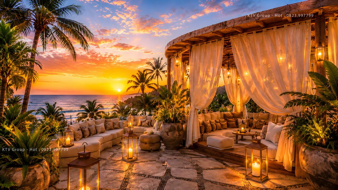 Không gian Beach Club cao cấp hướng biển kết hợp Lounge thư giãn và nội thất Tropical Luxury 