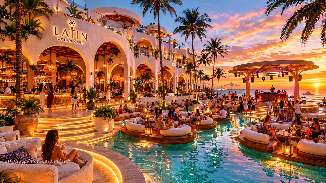 Thiết kế thi công Club bãi biển sang trọng với hồ bơi, quầy bar và sân khấu ngoài trời 