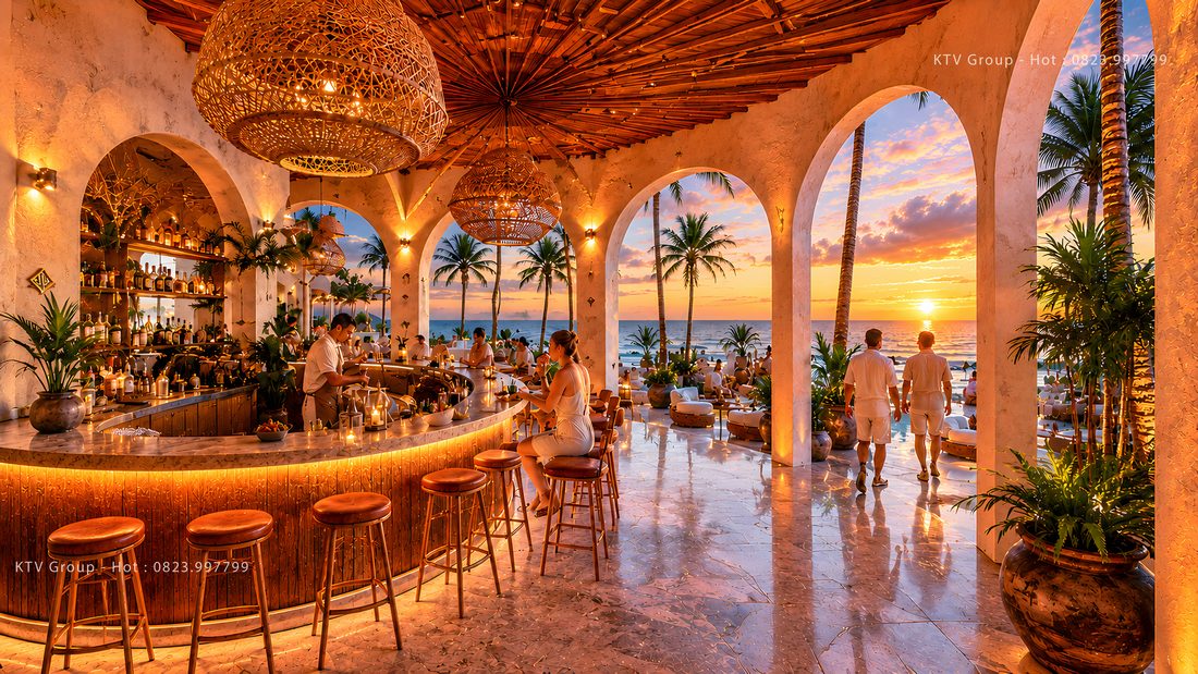 Thiết kế Beach Bar hiện đại với kiến trúc mở, khu vực ngắm hoàng hôn và quầy cocktail sang trọng 
